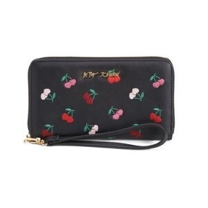 Betsey Johnson Cherry Toss Wallet Wristlet Black Embroidered Zip Around NWT